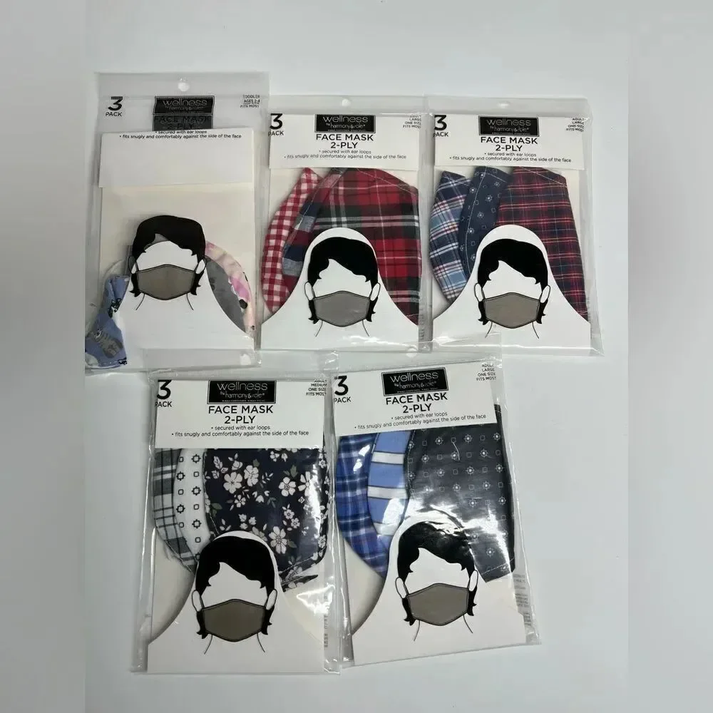 Bundle of 15 Face masks 2-ply 5 packs/ 1 kids size, 3 adult size L, 1 adults M